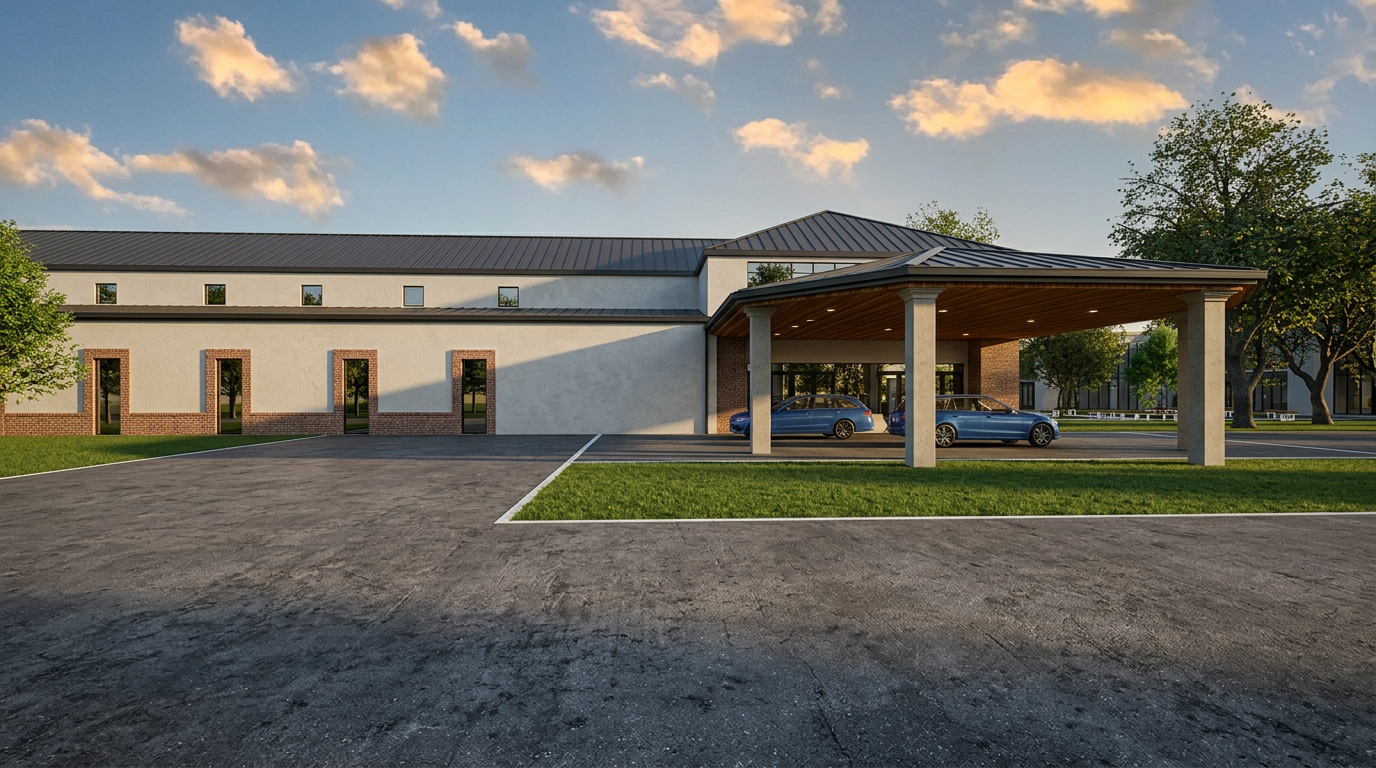 Conceptual rendering of the planned community center on South Foster Road, with families walking toward the entrance