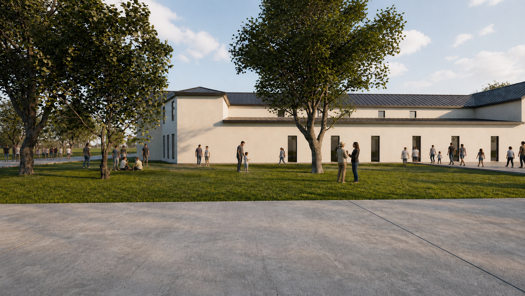 Conceptual rendering of the community center facade beside the lawn