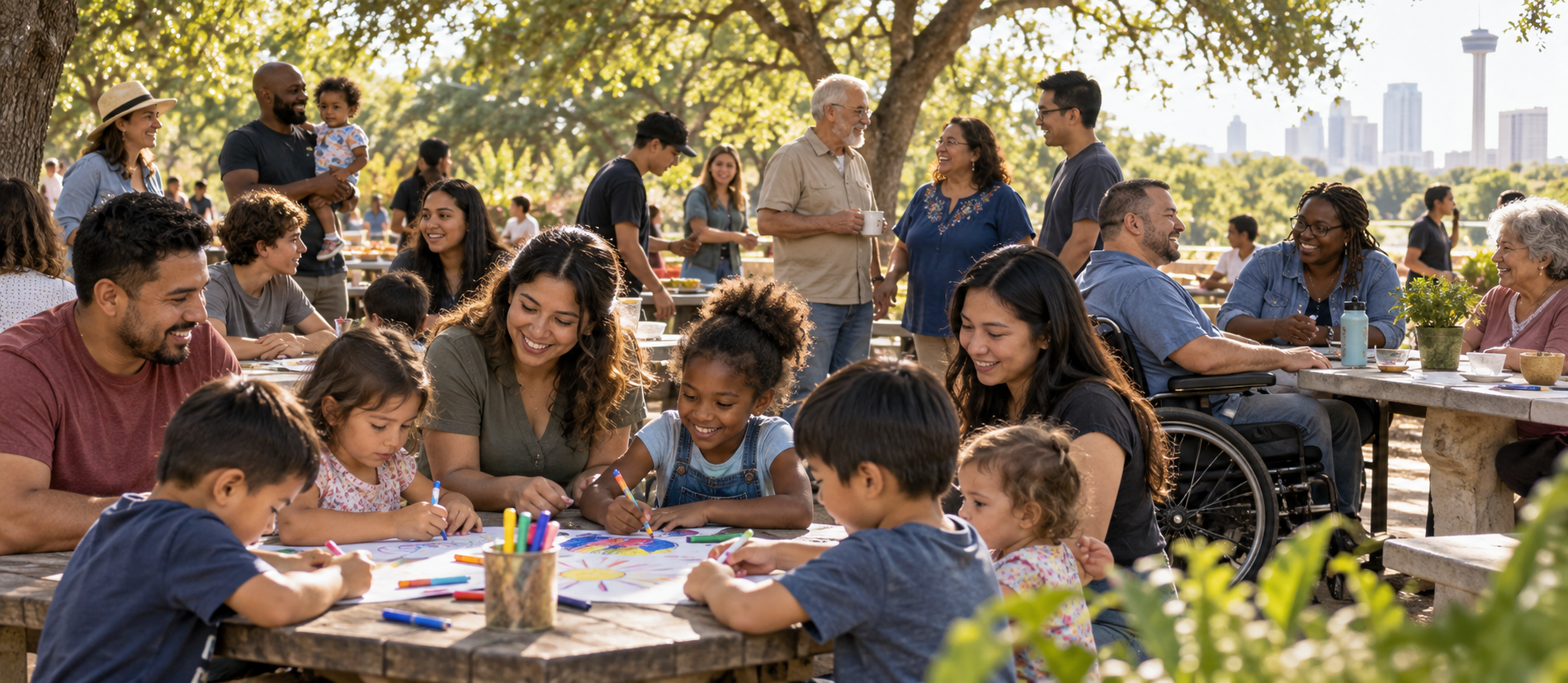 Illustration of families and neighbors of different backgrounds and generations, including a wheelchair user, sharing an outdoor community gathering